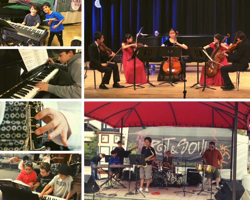 A photo collage of youth instrumentalists playing in ensembles and composing