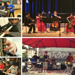 A photo collage of youth instrumentalists playing in ensembles and composing