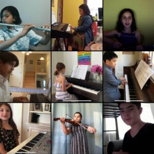 A grid of eight young students playing instruments in their homes.