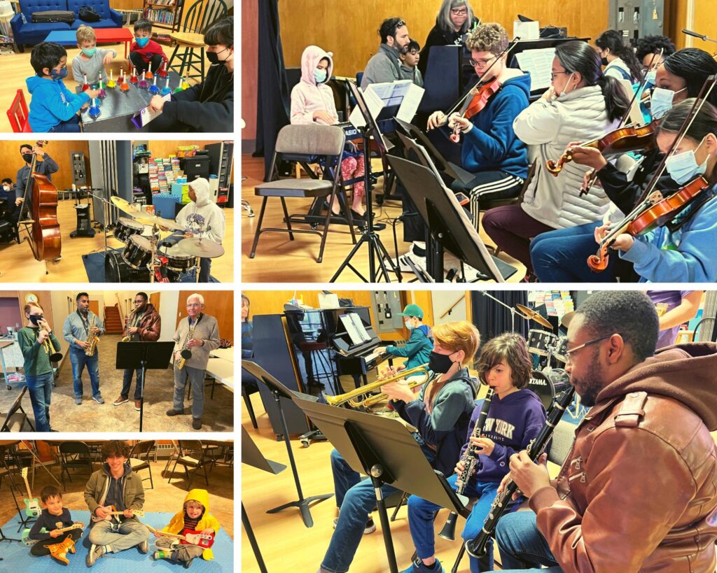 A collage of 6 photos of students participating in our Live Ensembles. A row of violinists and a flute player, Jazz student horn players, young children playing bells and guitars, a drummer and a bass player and teachers.